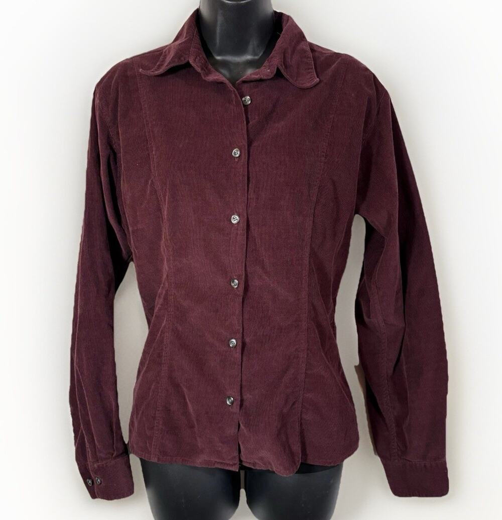Eddie Bauer Corduroy Shirt Red Purple Fine Wale Button Down Small Western Cotton